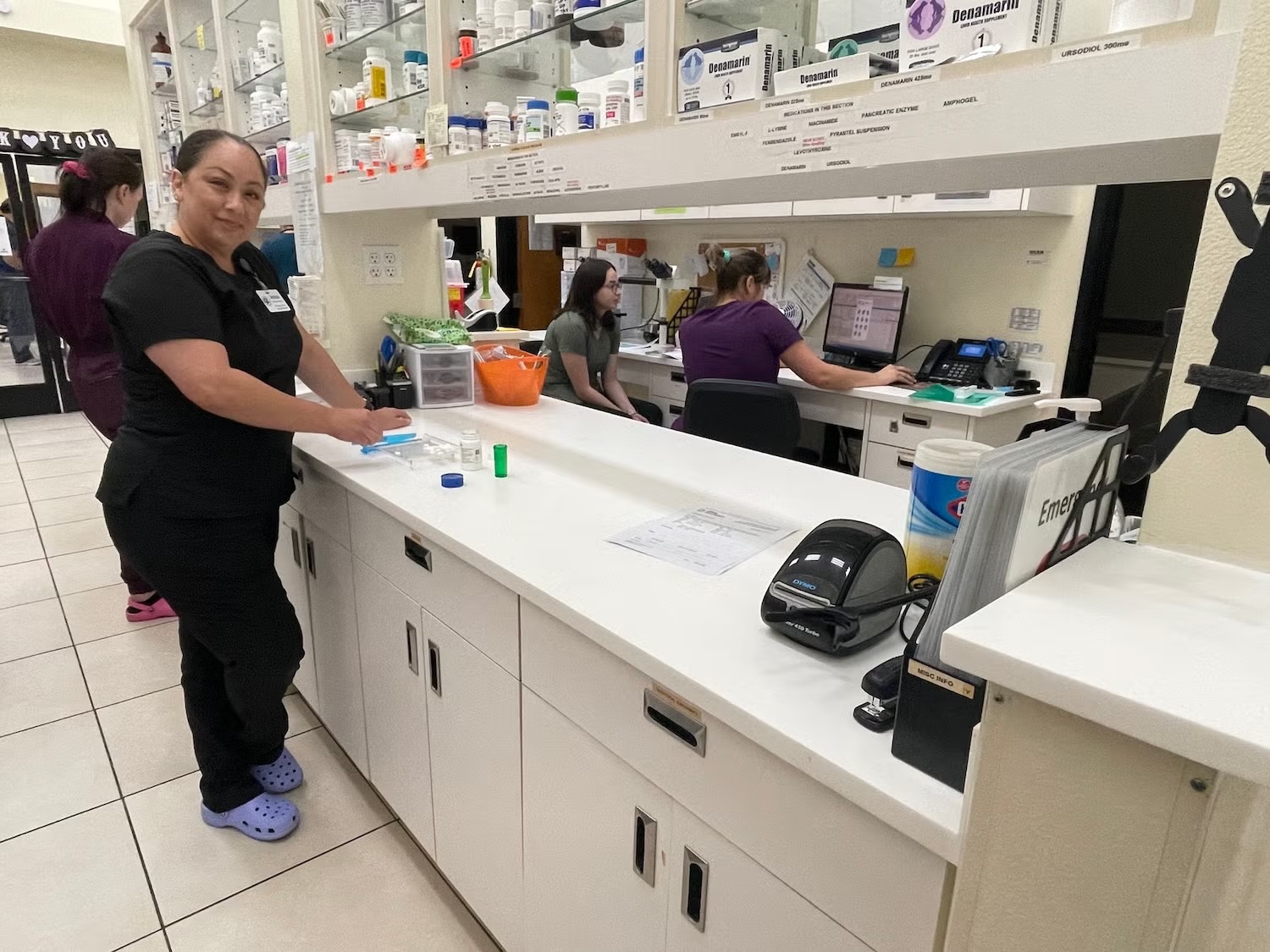 Veterinary staff preparing pet medications at the in-house pharmacy at Newport Harbor Vets in Costa Mesa
